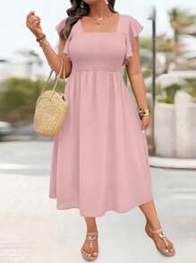 SHEIN LUNE 女士度假高腰A字盖袖连衣裙 - 粉色 - 查看 3