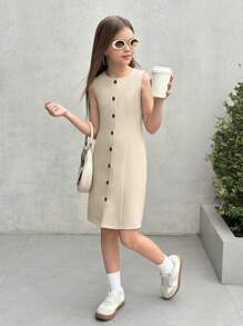 SHEIN Leap Crew Nova Glow Tween Girls Urban Commuter Style Crew Neck Sleeveless Front Button Waisted Dress - Beige - View 1