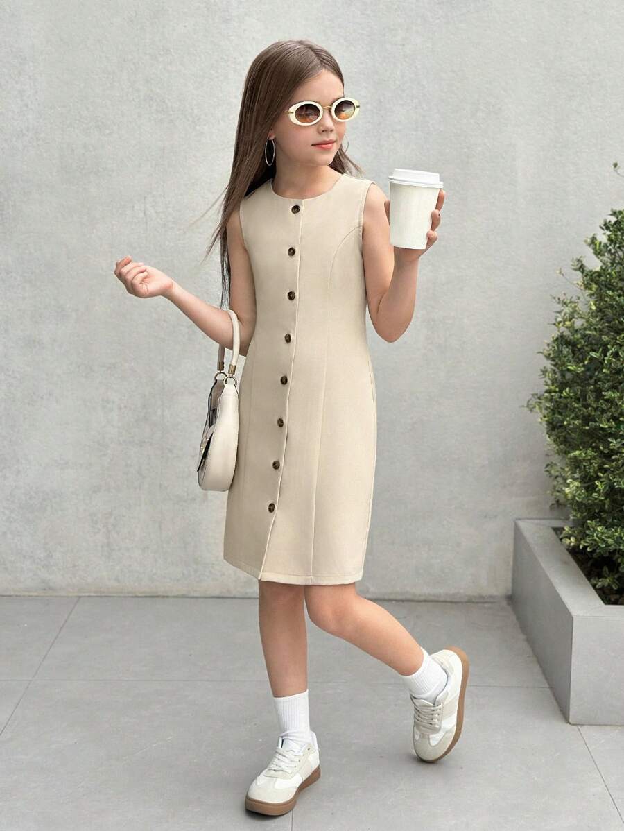 SHEIN Leap Crew Nova Glow Tween Girls Urban Commuter Style Crew Neck Sleeveless Front Button Waisted Dress - Beige - View 1
