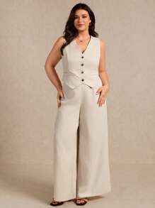 Elaquor 夏季大码女式宽松无袖单排扣背心和阔腿裤两件套