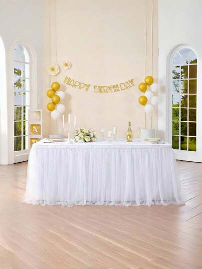 1件白色优雅薄纱桌裙，适用于圆形/矩形餐桌。适用于庆典、婚礼、生日派对、猫咪/动物主题、蝴蝶主题、美人鱼主题、性别揭晓主题、甜品桌、酒店宴会、会议桌、冰球桌等场合。