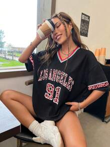 Flirla Los Angeles Leopard Print English Numberic Graphic Relaxed V-Neck Plus Size T-Shirt - Multicolor - View 1