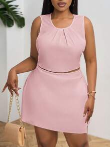 SHEIN PETITE CURVE Plus Size Women Plain Color Minimalist A-Line Skirt, Suitable For Summer - Pink - View 7