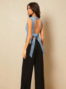 Poéselle Women's Light Wash Denim Top, Sleeveless Round Neck Backless Tie-Back Design, Regular Length Asymmetrical Hem Casual Summer Top