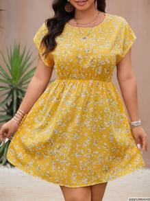 SHEIN LUNE Vestido casual versátil con estampado floral diminuto talla grande, atuendo para concierto country, atuendo de graduación, atuendos de verano para mujeres, atuendos para brunch, atuendos de verano para mujeres, atuendos para brunch para mujeres, atuendos para el Día de la Madre, atuendos para la iglesia para mujeres, vestido amarillo mantequilla - Amarillo - Ver 2