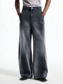 NEON BLANC Men's Streetwear Style Long Loose Woven Relaxed Fit Black Jeans