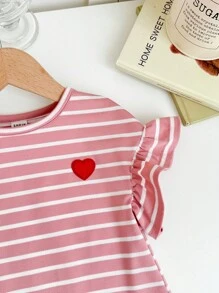 SHEIN Babygirl Cute Knitted Striped Heart Pattern Short Sleeve Dress, Spring/Summer - Pink - View 5
