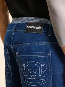 Paul Frank X SHEIN Men's Embroidered Multi-Pocket Casual Loose Denim Shorts