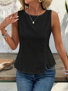 EMERY ROSE Women's Solid Color Round Neck Casual Summer Holiday Fashion Tank Top - Black - View 4