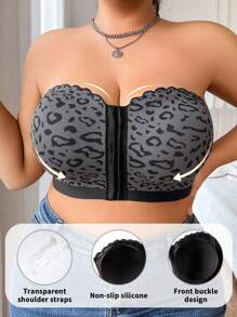 Women Plus Size Seamless Wireless Front-Clasp Padded Cami Bra, Leopard Print Wave Edge, Sexy