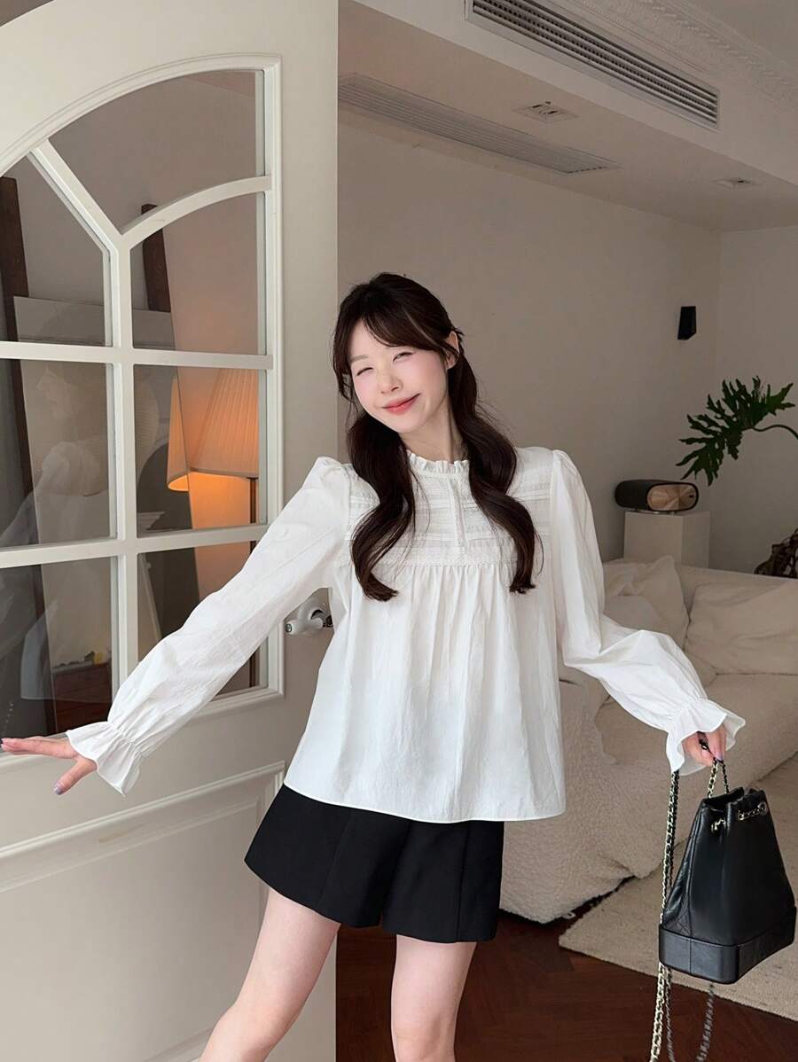 DAZY 女士圆领荷叶边蕾丝休闲长袖衬衫，秋季女装 - 白色 - 查看 1