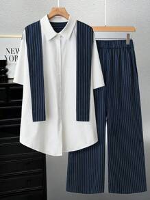 SHEIN LUNE Set de 2 piezas de camisa y pantalones a rayas, adecuado para uso diario y viajes, tallas grandes