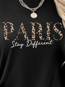 SHEIN LUNE 豹纹字母休闲居家女式T恤正面数码印花