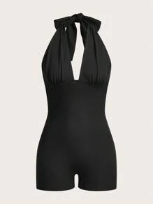 Slaydiva 2Pcs Women's Casual Ruched Bust Backless Halter Tied Waist Jumpsuit Set, Sexy Design Suitable For Summer - Multicolor - View 5