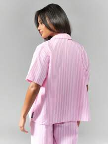 Missguided x Playboy Bunny Striped Button Down Pajama Style Shirt Loungewear Oversized Resort Beach Cover Up Summer Holiday Casual Beachwear Lounge Top - Pink - View 2