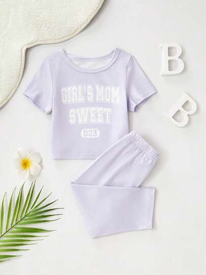 2pcs/Set Infant/Baby Girl Fashion Letter Printed Top And Pants Casual Home Outfit, Light Gray & Purple