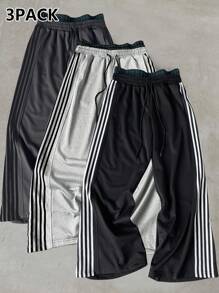Manfinity Sporsity 3pcs/Set Men's Casual Sports Striped Double Layer Elastic Waist Wide Leg Sweatpants, Autumn Going Out Street Wear Drawstring Color Block Sweatpants, For Husband, Boyfriend Gifts, Men Sets Pants