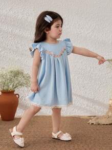 Blossori Vestido niña bebé de línea A sin mangas con cuello redondo y decoración de volantes - Azul - Ver 7