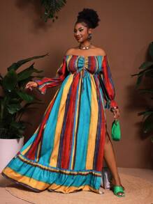 Slaydiva Robe de vacances grande taille, nouvelle arrivée. Convient pour le printemps et l'été. Polyvalente, décontractée, tout-aller, sexy. Imprimé rétro multicolore dégradé rayé. Sans manches, épaules dénudées, manches longues, taille cintrée, fente haute, volants à l'ourlet, coupe évasée ample. - Multicolore - Voir 4