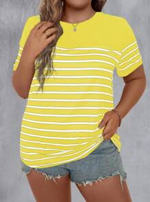 Plus Size Women Summer Striped Print Round Neck Short Sleeve Casual T-Shirt Graphic Tees Women Tops - Yellow - View 6
