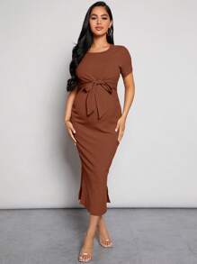 MaterniWear Maternity Solid Color Round Neck Short Sleeve Knotted Waist Nursing Dress - Rust Brown - View 4