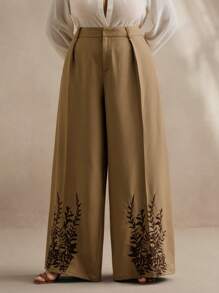Anewsta Pantaloni eleganti con ricamo floreale per donne formose, adatti per pendolarismo, primavera/estate, ideali per festival, lauree, casual business, vacanze