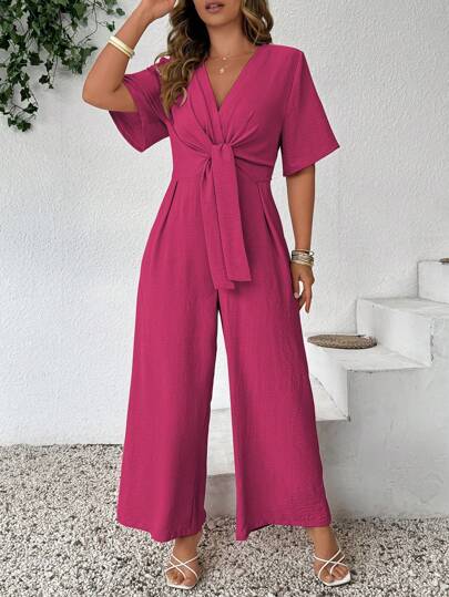 SHEIN Clasi Plus Size Solid Color Fashionable Casual Vintage V-Neck Tied Waist Jumpsuit Women Summer Sets Women S Clothes Woman S Summer Clothes Women Plus Clothing Formal