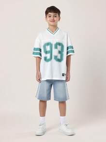 SUMWON Camiseta informal de manga corta con rendimiento transpirable, estilo jersey de béisbol atlético de malla, número de equipo deportivo, para entrenamientos y niños
