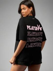 Missguided x Playboy Camiseta oversize para estar en casa, pijama, estampado gráfico, logo, ropa urbana casual de verano, ropa deportiva urbana, confort de fin de semana, moda Y2K