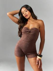 MISSGUIDED 無肩帶扭轉前胸螺紋連身衣 縮褶抹胸短版連身褲 適合海灘、夜店、街頭、舞蹈表演、健身運動休閒風 - 咖啡棕 - 查看 5