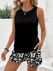 SHEIN LUNE 2 件套女士无袖雏菊花卉印花圆领吊带背心和短袖上衣，适合夏季 - 彩色 - 查看 5