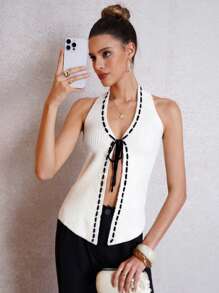 SHEIN Clasi Summer Sexy Contrast Color Tied Backless Halter Neck Knit Top - Apricot - View 1