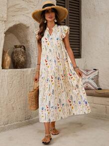 SHEIN LUNE Women Casual Floral Print Mini Cap Sleeve Shift Dress Summer Dresses For Women Summer Outfits For Women Vacation Outfits Women Women Clothing Summer Derby Dress,Sun Dresses For Women
