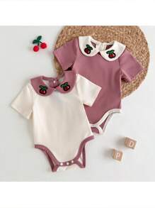 Loomiva 2pcs/Set Newborn Baby Girl Cartoon Fruit Pattern Soft Contrast Color Ruffled Collar Short Sleeve Romper