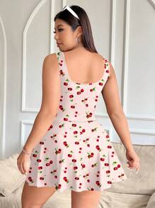 SHEIN EZwear Plus Size Women Cherry Ditsy Floral Pattern Printed Jumpsuit With Pockets, Casual Wear Suitable For Spring And Summer Outdoor And Vacation