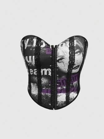 Grunge Punk Sexy Street-Style Slogan Button-Front Metallic Bustier Top, Black/Red, Plus Size Women