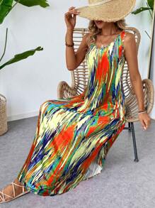 EMERY ROSE Women's Summer Vacation Fully Allover Print Slit Loose Sleeveless Dress - Yellow - View 6