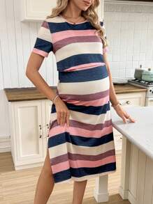 SHEIN Maternity Striped Digital Print Nursing Dress, Round Neck Short Sleeve - Multicolor - View 3
