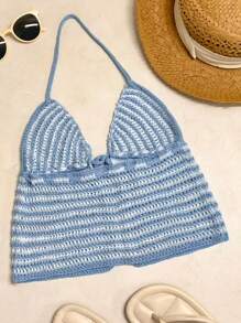 INAWLY Women's Vacation Striped Tie Front Cropped Halter Neck Knit Top - Multicolor - View 2