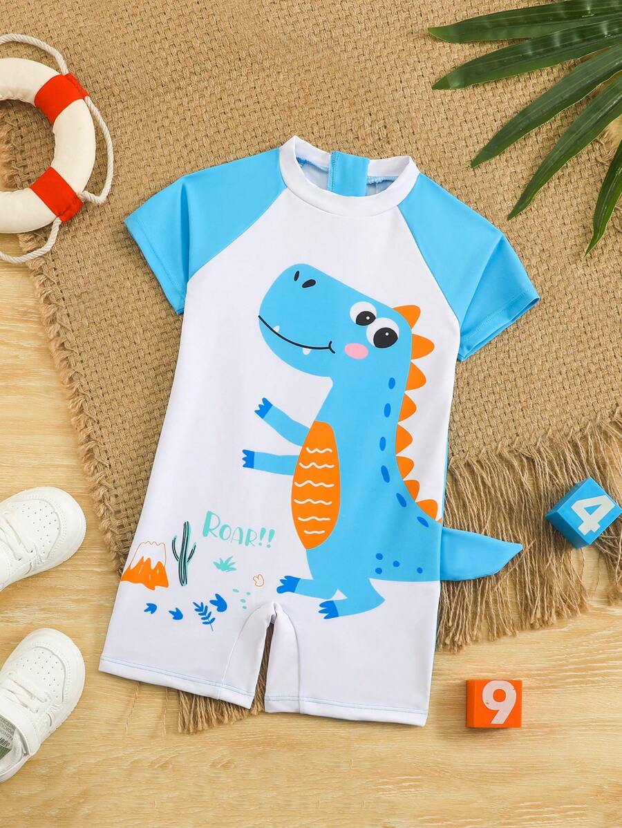 Baby Boy Cartoon Dinosaur Print Raglan Short Sleeve Rash Guard & Swim Trunks Set - Multicolor - View 1