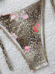 Soleia بكيني نسائي مكون من طقم زهور وطباعة فهد مثير، أربطة للبس، مناسب لارتداء في الشاطىء والعطلات الصيفية - متعدد الألوان - مشاهدة 3