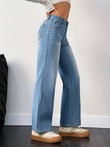 SHEIN PETITE Women's Casual Washed Low-Waist Straight-Leg Jeans