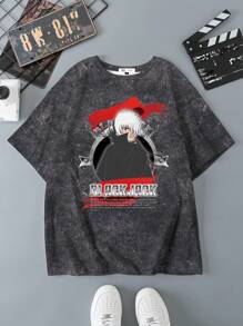 Black Jack X SHEIN Men's Casual Figure And Slogan Graphic Round Neck Short Sleeve T-Shirt, Summer