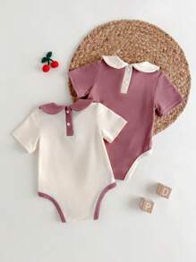 Loomiva 2pcs/Set Newborn Baby Girl Cartoon Fruit Pattern Soft Contrast Color Ruffled Collar Short Sleeve Romper