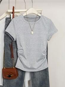 INAWLY Women's Solid Color Round Neck Short Sleeve T-Shirt Top, Fashionable For Summer - Multicolor - View 9