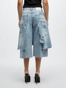 SUMWON WOMEN Shorts vaqueros culotte de pierna ancha con efecto desgastado, doble cintura, bordes deshilachados, diseño de declaración de moda verano festival, estilo de moda Y2K y estilo de calle oversize