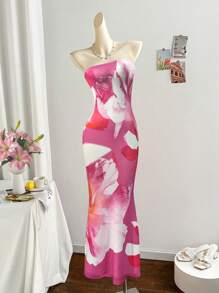 INAWLY Floral Print Tube Dress, Minimalist & Fashion, Suitable For Summer - Pink - View 6