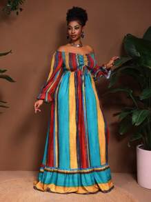 Slaydiva Robe de vacances grande taille, nouvelle arrivée. Convient pour le printemps et l'été. Polyvalente, décontractée, tout-aller, sexy. Imprimé rétro multicolore dégradé rayé. Sans manches, épaules dénudées, manches longues, taille cintrée, fente haute, volants à l'ourlet, coupe évasée ample. - Multicolore - Voir 10