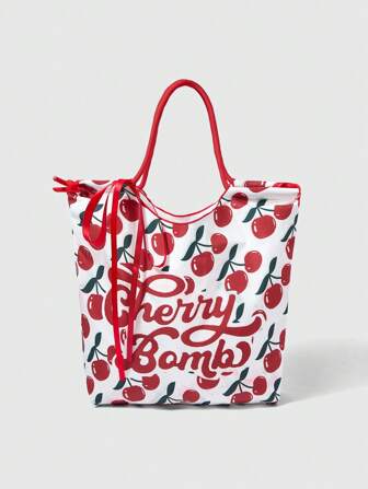 Kawaii 1pc Casual Cherry Letter Print Tote Bag For Women