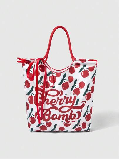 Kawaii 1pc Casual Cherry Letter Print Tote Bag For Women